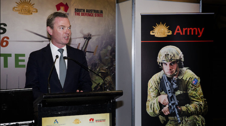 Minister for Defence Industry, the Hon Christopher Pyne, MP, addresses the Land Forces 2016 audience at the Adelaide Convention Centre on 7 September 2016.