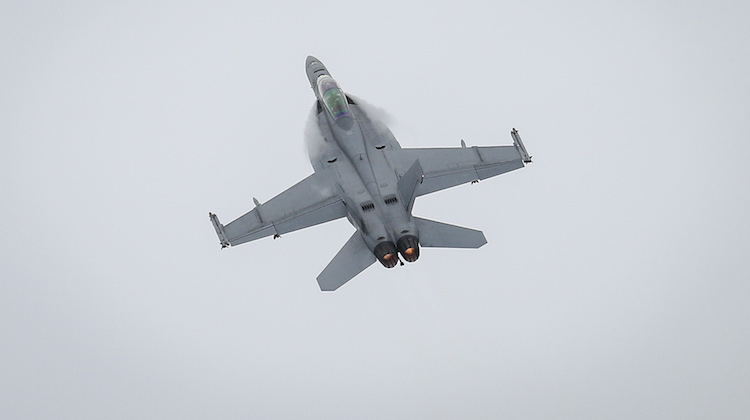 A Super Hornet from No 1 Squadron practicing for Townsville Airshow at RAAF Base Amberley.