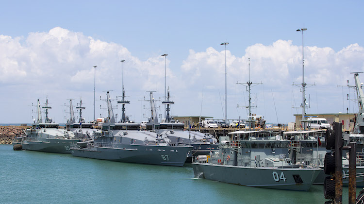 Royal Australian Navy Armidale Class Patrol Boats sit with Pacific Class Patrol Boats, HMPNGS Moresby and Seeadler, alongside at HMAS Coonawarra at the start of Exercise Kakadu 2016.