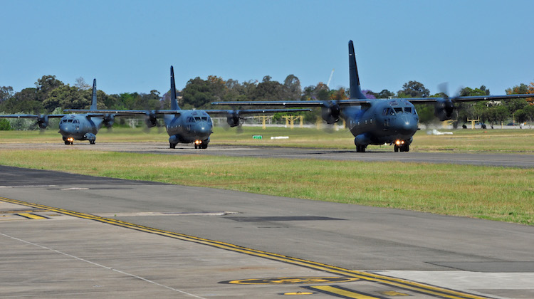 Three C-27J Spartan aircraft from No 35 Squadron taxi back to the flight line. This small milestone marks the first time all three Spartan aircraft have flown together, since the arrival of the third Spartan at RAAF Base Richmond on 18 October, 2016.