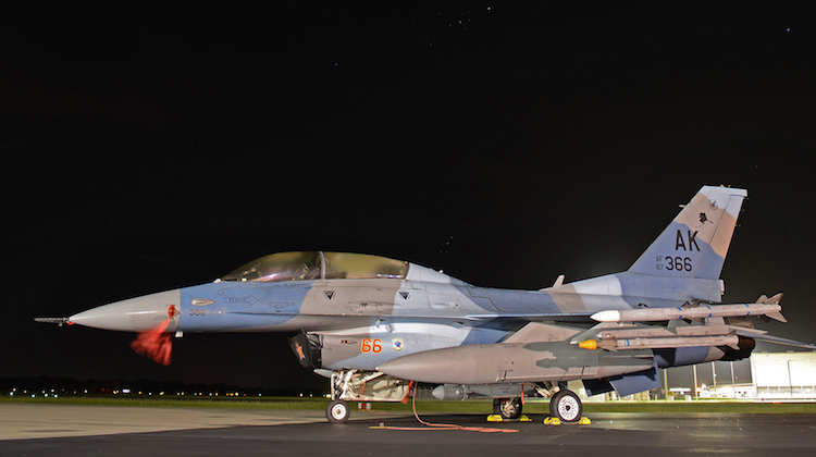 A U.S. Air Force F-16 Fighting Falcon sits under the night sky at Royal Australian Air Force Base Williamtown, in New South Wales, Australia, March 19, 2017. As a benchmark for aerial combat training through its annual series of Red Flag-Alaska exercises, integration of Eielson’s 18th Aggressor pilot’s enhances interoperability and ensures the RAAF can operate in a combined environment to respond to any contingency in the region and provide an agile, decisive and effective deterrent to any future challenges. (U.S. Air Force photo by Tech. Sgt. Steven R. Doty)