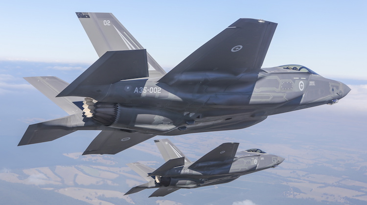 Australias first F-35A Lightning II aircraft 01 and 02 on transit to the Australian International Airshow in Avalon.