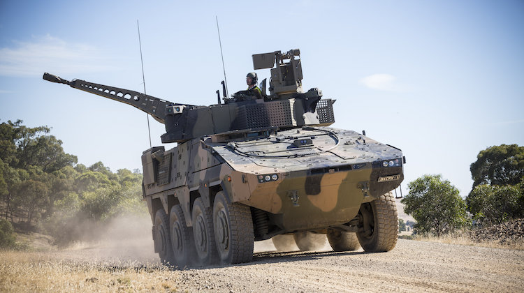 A Rheinmetall Boxer CRV drives off of the Armoured Fighting Vehicle Field Firing Training Area at Puckapunyal Range, Victoria, while participating in the Land 400 Risk Mitigation Activity on 22 February 2017.