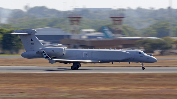A Republic of Singapore Air Force G550 Conformal Airborne Early Warning (CAEW) aircraft lands at RAAF Base Darwin as part of Exercise Pitch Black 2016.