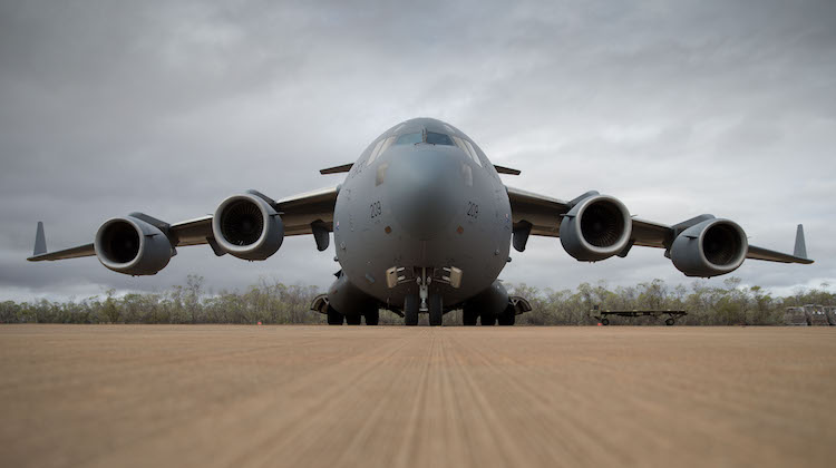 An Australian C-17A Globemaster III aircraft arrives at RAAF Base Curtin in northern Western Australia on 28 August 2016 with two Australian Army S-70 Black Hawk helicopters onboard in preparation for Exercise Northern Shield.