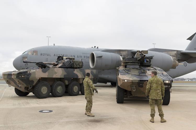 The BAE Systems Australia Patria AMV35 and the Rheinmetall Boxer CRV at Defence Establishment Fairbairn as part of The Army’s Land 400 Phase 2 project in Canberra for air transportability trials
