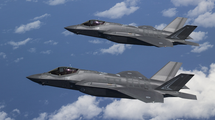 F-35A Lightning II Joint Strike Fighters A35-001 (closest) and A35-002 during the first trans-Pacific flight from Luke Air Force Base, USA to RAAF Base Amberley, Australia.