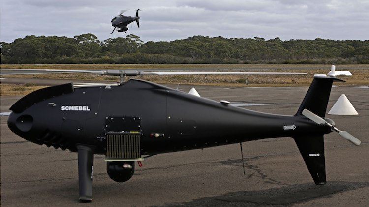 A Schiebel S-100 Camcopter Unmanned Air System takes to the air at Jervis Bay Airfield, NSW.