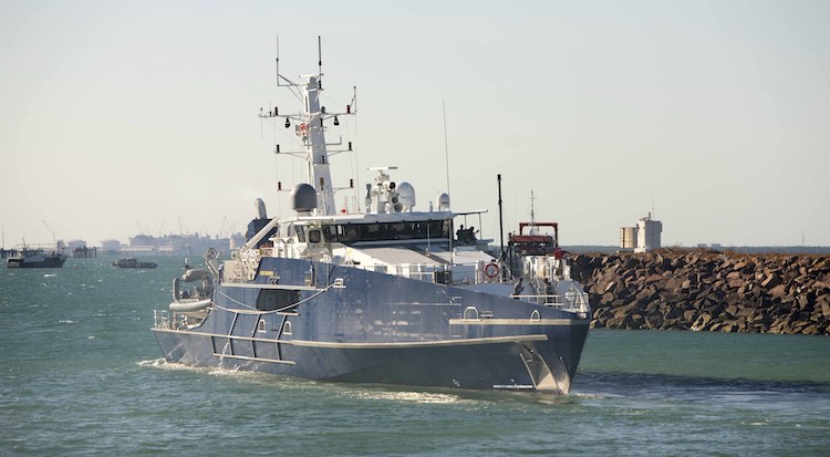 Australian Defence Vessel Cape Fourcroy departs HMAS Coonawarra to conduct continuation training as part of Operation Resolute.