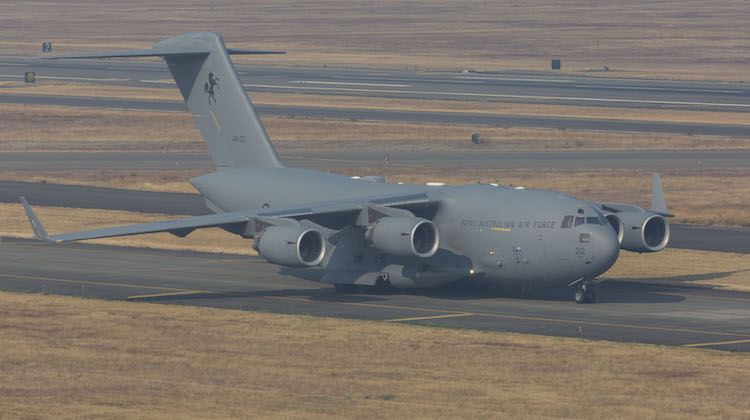 A C-17A Globemaster III from No. 36 Squadron taxi's out for a mission during Exercise Mobility Guardian 17, at Joint Base Lewis-McChord, Washington.