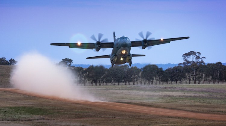 A Royal Australian Air Force C-27J Spartan transport aircraft from No 35 Squadron takes off from Walcha Airport during a training mission.