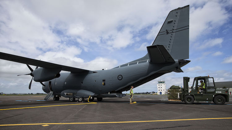 Air Load Team personnel from the Royal Australian Air Force load a Container Delivery System onto a C-27J Spartan at Royal New Zealand Air Force Base Ohakea, as part of Exercise Southern Katipo 2017.