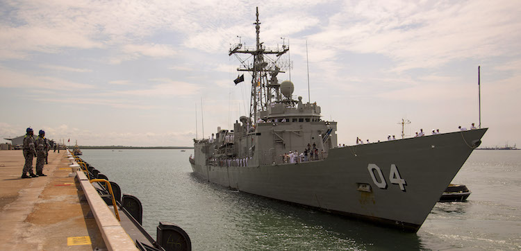 HMAS Darwin comes alongside Stokes Hill Wharf, Darwin, for the last time before decommissioning in December 2017.