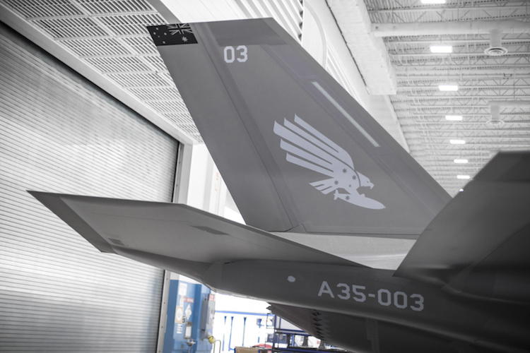 Squadron markings are applied to Australia’s third F-35A – AU-03 – at Lockheed Martin in Fort Worth, Texas, United States, on 2 November 2017; the final stage in the aircraft’s production process.