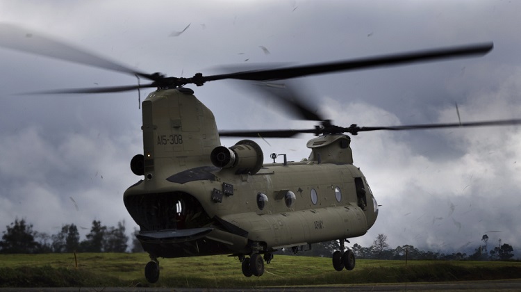 An Australian Army CH-47F Chinook helicopter lifts from Mount Hagen Airport during Operation PNG Assist 2018. *** Local Caption *** Three Australian Army CH-47F Chinook aircraft from Townsville based 5th Aviation Regiment have begun ferrying essential supplies to remote areas of Papua New Guinea affected by a 7.5 magnitude earthquake which struck on 26 February 2018. Operation PNG Assist 2018 is the ADF contribution to the DFAT led, Whole of Australian-Government response to the earthquake. The Boeing CH-47F Chinook is the largest helicopter in the Australian Army, and is one of the most versatile.