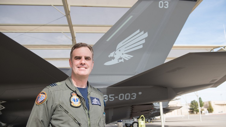 Royal Australian Air Force Wing Commander Darren Clare with A35-003, that arrived at Luke Air Force base. *** Local Caption *** Australias Joint Strike Fighter program has taken another significant step forward with the acceptance of the next three Australian F-35A aircraft from Lockheed Martin. The three aircraft are joining Australias first two F-35A jets at Luke Air Force Base in Arizona, where Royal Australian Air Force pilots and maintainers are currently training and instructing.