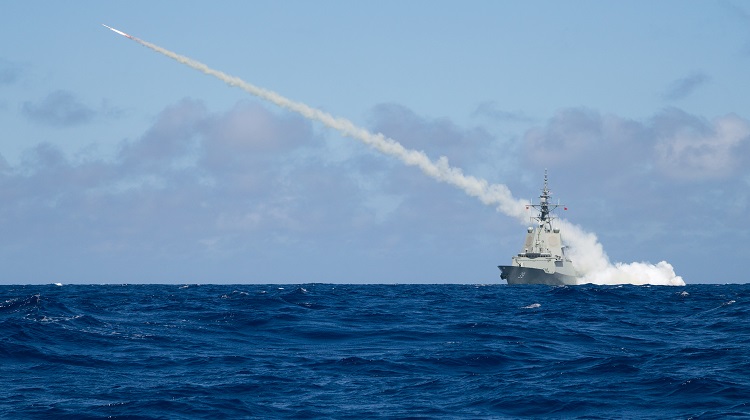 Air Warfare Destroyer HMAS Hobart successfully fires a Harpoon Blast Test Vehicle in the East Australian Exercise Area, proving the capability of the ship to launch Harpoon missiles.