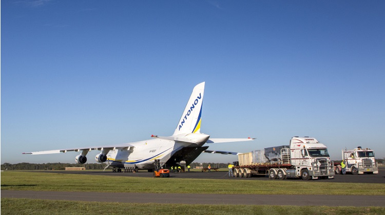 F-35 equipment is off loaded from an Antonov An-124 at RAAF Base Williamtown. *** Local Caption *** RAAF Base Williamtown hosted one of the worlds largest cargo aircraft, an Antonov An-124 on Wednesday 2 May, and Thursday 3 May to deliver F-35A training equipment. The cargo was an F-35 Weapons Load Trainer (WLT) and Ejection Seat Maintenance Trainer (ESMT) will be installed in the Australian F-35 Integrated Training Centre at the base. The Australian F-35 Training System will provide Australia with its own F-35 pilot and maintainer training capability and form part of the overall Australian F-35 Training System being procured through the F-35 Joint Program Office.