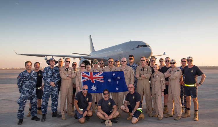 The Australian Air Task Group pose with their E-7A Wedgetail Airborne Early Warning and Control aircraft and their KC-30A Multi-Role Tanker Transport air-to-air refuelling aircraft in the Middle East Region. *** Local Caption *** Approximately 70 Australian Defence Force personnel are deployed to the Australian Air Task Group in the Middle East Region as part of Operation OKRA. Operation OKRA is the Australian Defence Force's contribution to the international effort to combat the Daesh (also known as ISIL) terrorist threat in Iraq and Syria.
