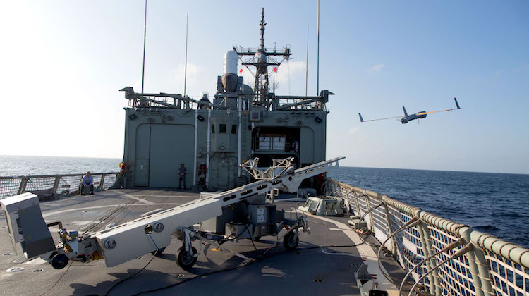 ScanEagle is launched from the flight deck of HMAS Newcastle in the Middle East region.
